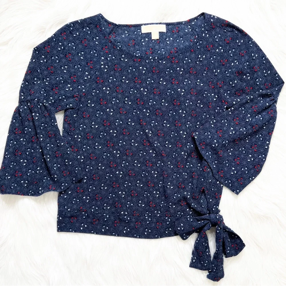 Michael Kors Heart Print Tie Waist 3/4 Bell Sleeve Navy Blue Red Peasant Top S - Picture 7 of 9